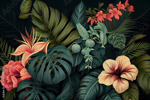 Tropical leaves and flowers pattern on a green background. Generative AI © Gabriel