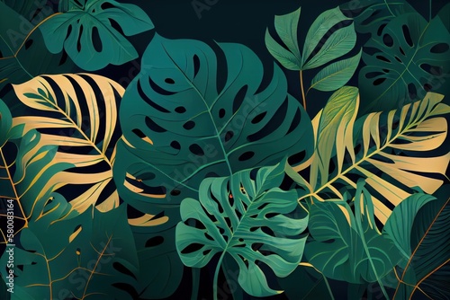 Tropical leaves pattern on a green background. Generative AI