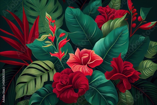 Tropical leaves and flowers pattern on a green background. Generative AI