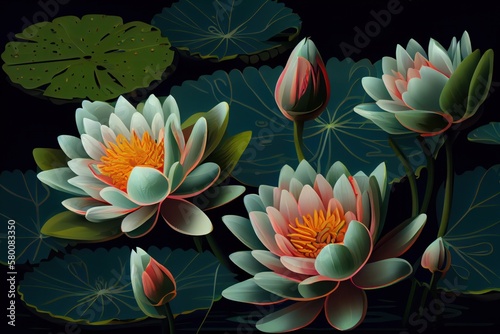 A pattern of water lilies on a green background. Generative AI