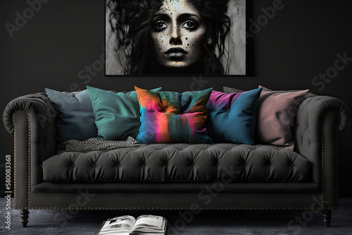 Black sofa with cushions. Interior design illustration of a couch reated using generative AI tools. photo