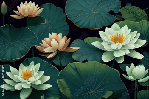 A pattern of water lilies on a green background. Generative AI