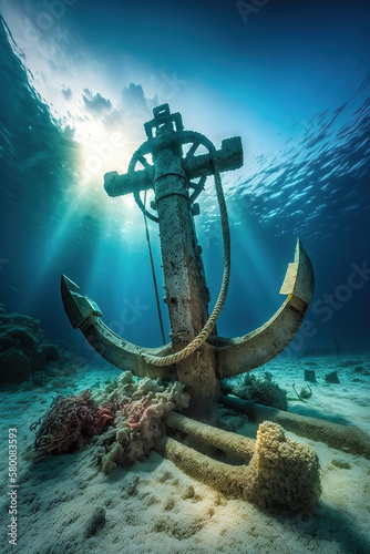 Illustration of old big iron anchor abandoned at ocean floor with sun light shining through water surface. Underwater caustics sunbeams, Generative AI photo