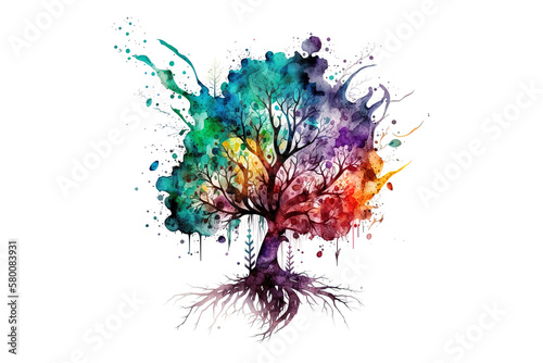 Foto a tree with roots is drawn with watercolors isolated on a white background