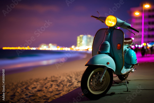 Scooter moped at ocean drive miami beach at night with neon lights from hotels. Neural network AI generated art photo
