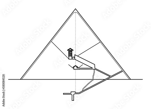 Great Pyramid of Giza, vertical section, viewed from the East. Elevation diagram of the interior structures of the largest pyramid in Egypt, and the oldest of the Seven Wonders of the Ancient World. photo