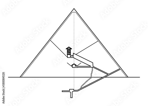 Great Pyramid of Giza, vertical section, viewed from the East. Elevation diagram of the interior structures of the largest pyramid in Egypt, and the oldest of the Seven Wonders of the Ancient World.