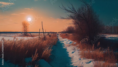 sunset over the snow dirt road, generative ai