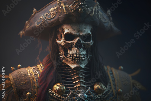 Warrior with skull head and pirate classic hat on dark background. Neural network AI generated art