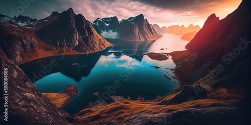 Serene Natural Landscape on Lofoten Islands, Norway: Mountain Ridge and Clear Blue Lake during Sunset - Generative AI