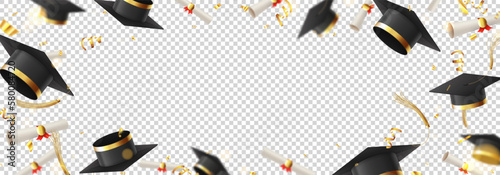 Template for decorative design of graduation. Falling graduation caps and scrolls, golden confetti and serpentine on checkered background. Vector illustration for decoration social media, posters.