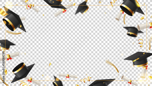 Decorative banner for graduation. 3d falling graduation scrolls and caps, golden confetti and serpentine, frame on checkered background. Vector illustration for decoration social media, posters.