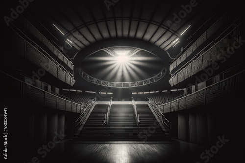interior view of an illuminated basketball stadium. Illustration AI Generative