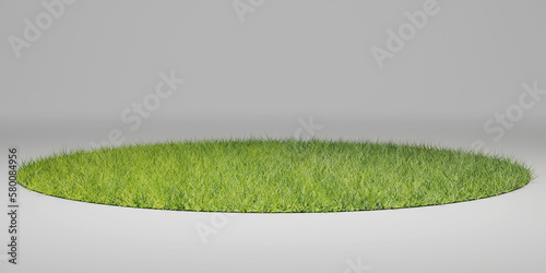 Marble Podium and grass. Marble podium backdrop with grass field and sky background. White Showcase on Green Grass. Abstract shapes. Empty Space. Green grass field with podium. 3D Rendering