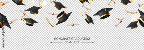 Decorative seamless banner for graduation. 3d falling graduation scrolls and caps, golden confetti and serpentine on checkered background. Vector illustration for decoration social media, posters.
