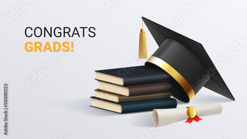Greeting banner for design of graduation. 3d graduation cap, books, and graduation scroll. Congratulations graduates. Vector illustration for decoration social media, banners, posters.