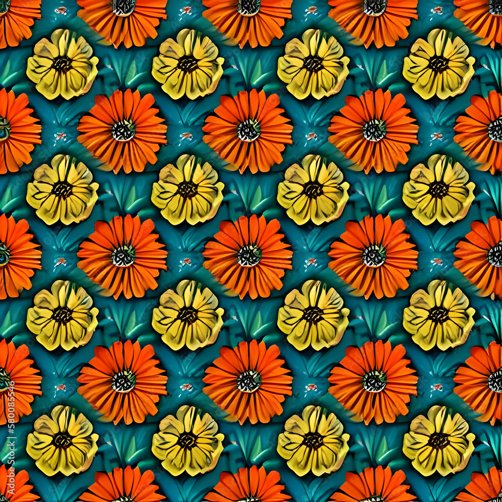 yellow and orange drawn flowers on a green background. Generative AI