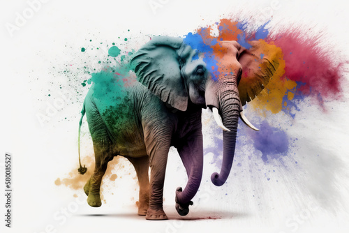 Elephant Happy Holi colorful white background. Festival of colors, colorful rainbow holi paint color powder explosion isolated white wide panorama background created with Generative AI technology