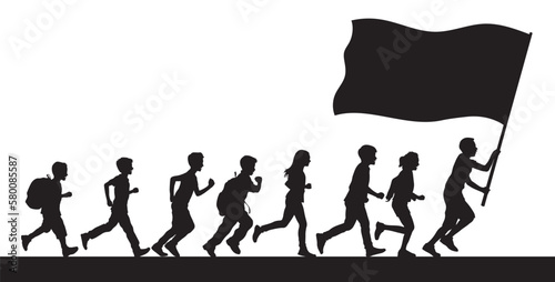 Kids running and waving blank flag vector silhouette.