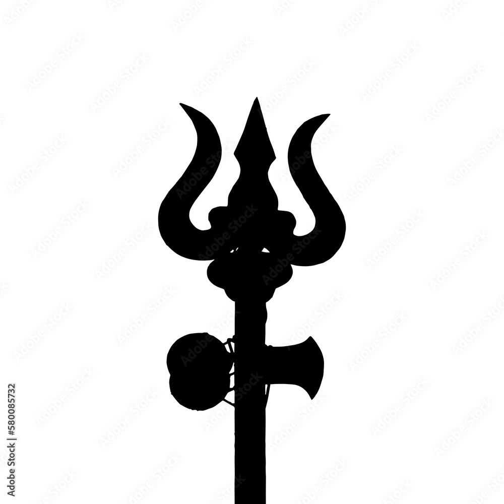 Lord shivas trident with damru icon. Trishul vector design. Black weapon of hindu god Mahadev with vector damaru drum. Lord shivas trident with damru icon. Trishul vector design. Black weapon of hindu god Mahadev with vector damaru drum.
