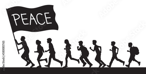 Group of kids running holding peace flag vector silhouette.