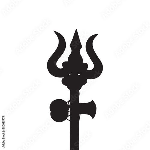 Trishul vector design. Lord shivas trident with damru icon. Black weapon of hindu god Mahadev with vector damaru drum.