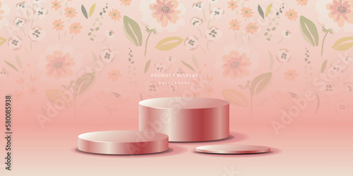 3D luxury flower background with realistic cylinder pedestal podium. rendering geometric forms. Mockup product display. Stand to show cosmetic products. Minimal wall scene. Stage showcase.