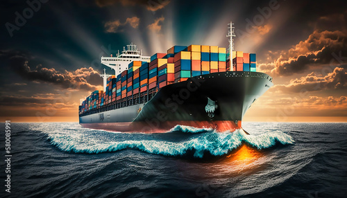 Container ship on ocean, Business logistic import - export transport front view in sunset, Generative ai
