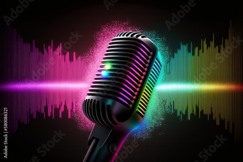 Microphone with bright colorful background. karaoke party. Illustration AI Ge...