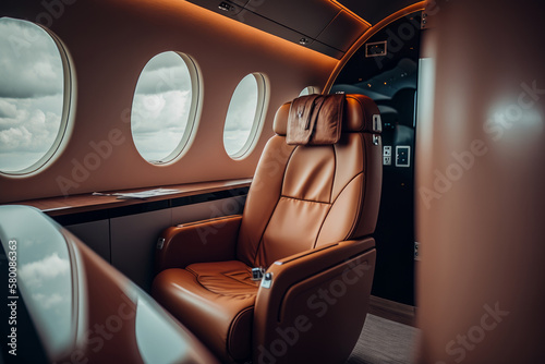 Interior of luxurious private jet with leather seats. Illustration AI Generative