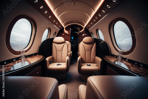 Interior of luxurious private jet with leather seats. Illustration AI Generative