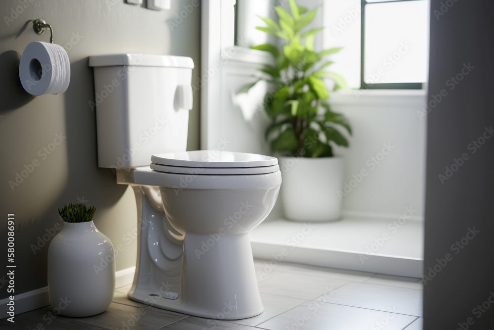 Clean toilet in bright modern bathroom, Generative AI Clean toilet in bright modern bathroom, Generative AI