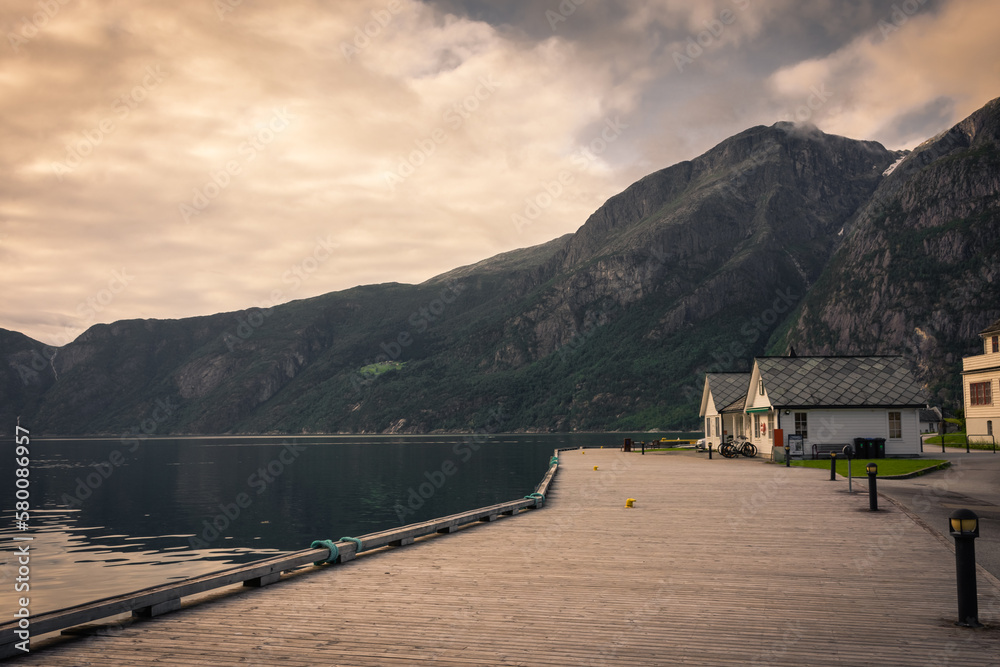 Wooden pier of Eidfjord,  town on the Sognefjord in Norway