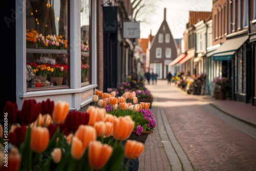 Dutch streets, beautiful tulips lined up in storefronts, Generative AI #580086946