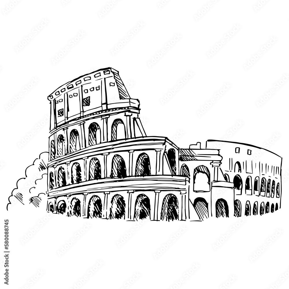 Roman Coliseum. Drawing with black lines, marker, line art. Vector ...