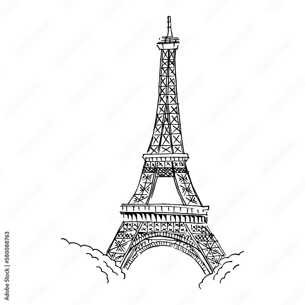 Eiffel Tower in Paris. Drawing with black lines, marker, line art. Vector illustration