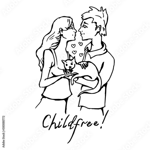 The guy and the girl are holding a cat in their arms. Childfree couple. Drawing with black lines, marker, line art. Vector illustration photo