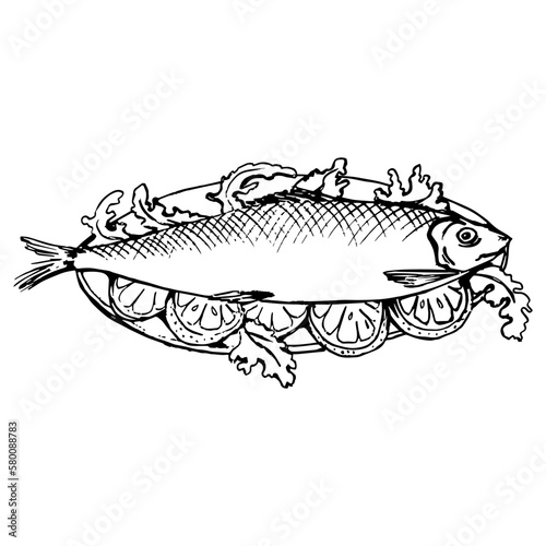 whole herring in a plate with lettuce and sliced ​​lemon. Drawing with black lines, marker, line art. Vector illustration