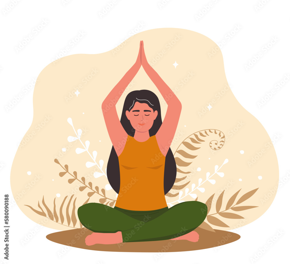 The girl sits in a lotus position, raising her hands up above her head. Woman doing yoga. Vector graphics.