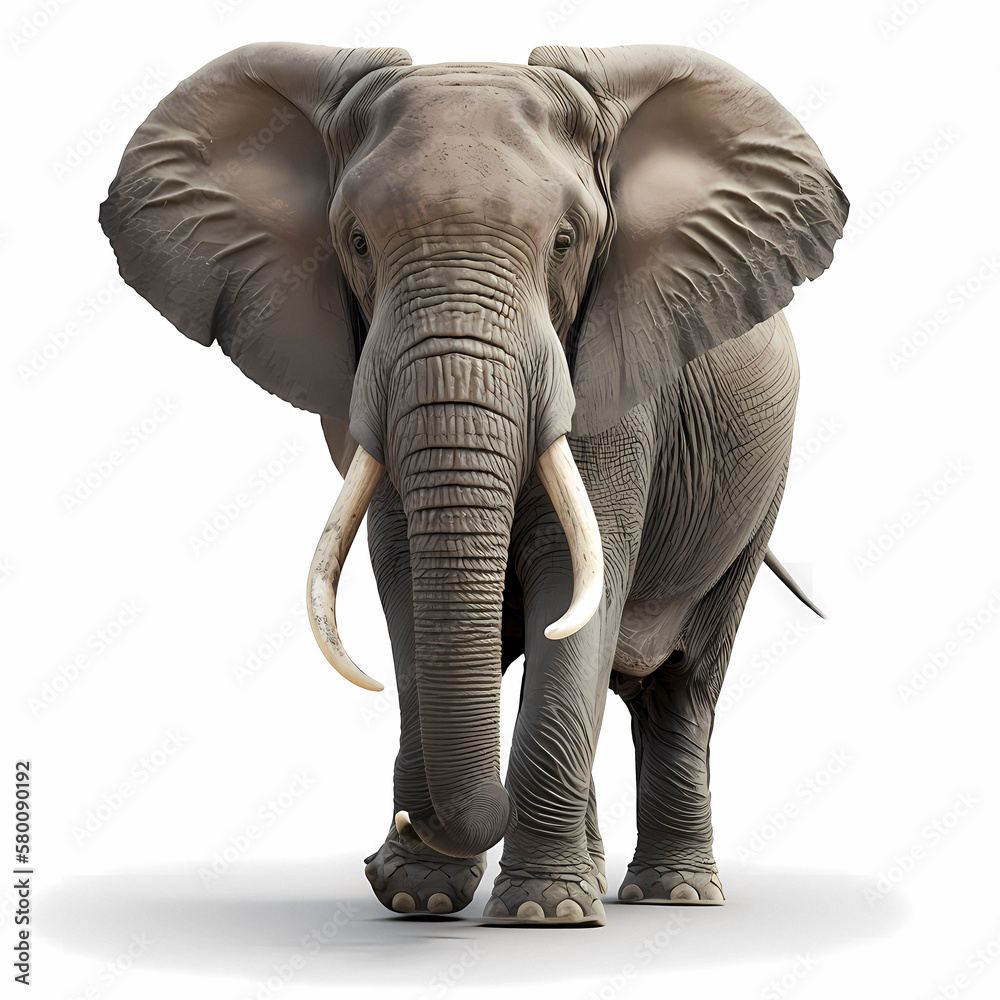 African elephant (Loxodonta africana), also African steppe elephant or African bush elephant, in front of white background, AI generated