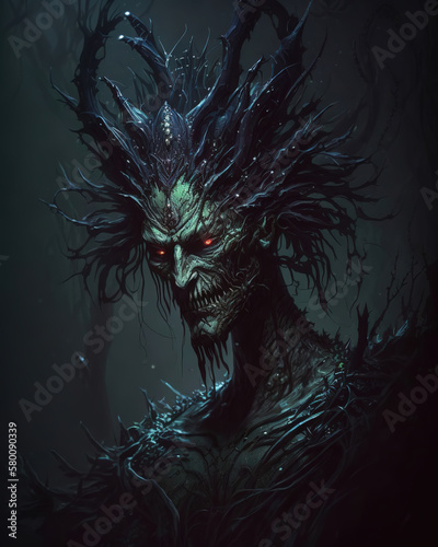 a close up of a demonic creature on a dark background, monster, horror art illustration 