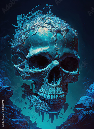 painting of a skull on a blue background, fantasy abstract art illustration 