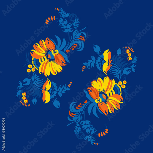 Traditional Ukrainian painting of Petrykivka. Elements of blue and yellow floral ornament. Decorative composition.
