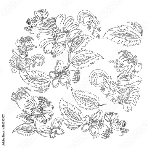 Traditional Ukrainian painting of Petrykivka. Black line elements of floral ornament on a white background. Decorative composition for coloring.