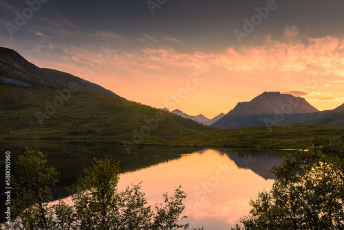Beautiful sunset over a lake in Senja Island, Norway