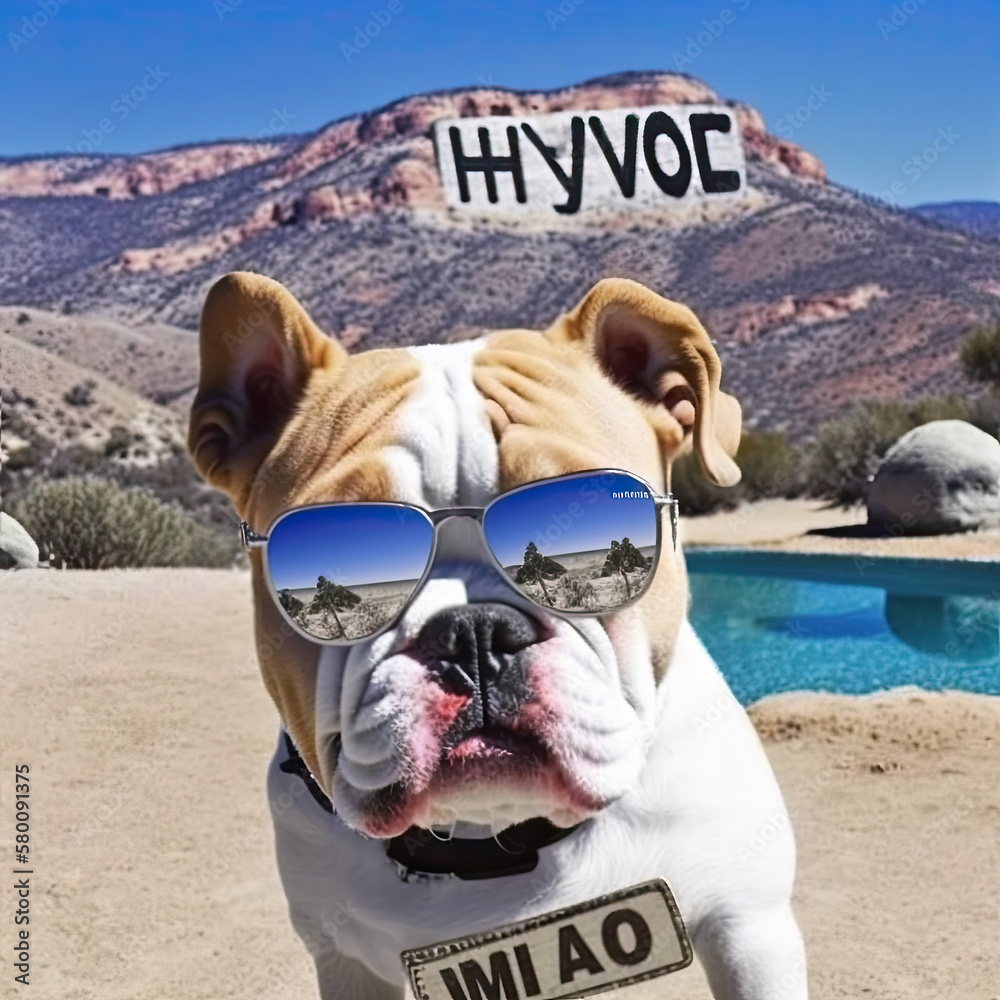 Baby Bulldog Puppy Sees the Hollywood Sign with Stylish Sunglasses Created Using Generative Ai