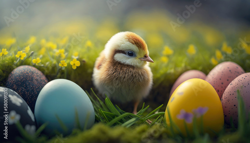 Cute baby chick in field with colourful mini eggs and buttercups