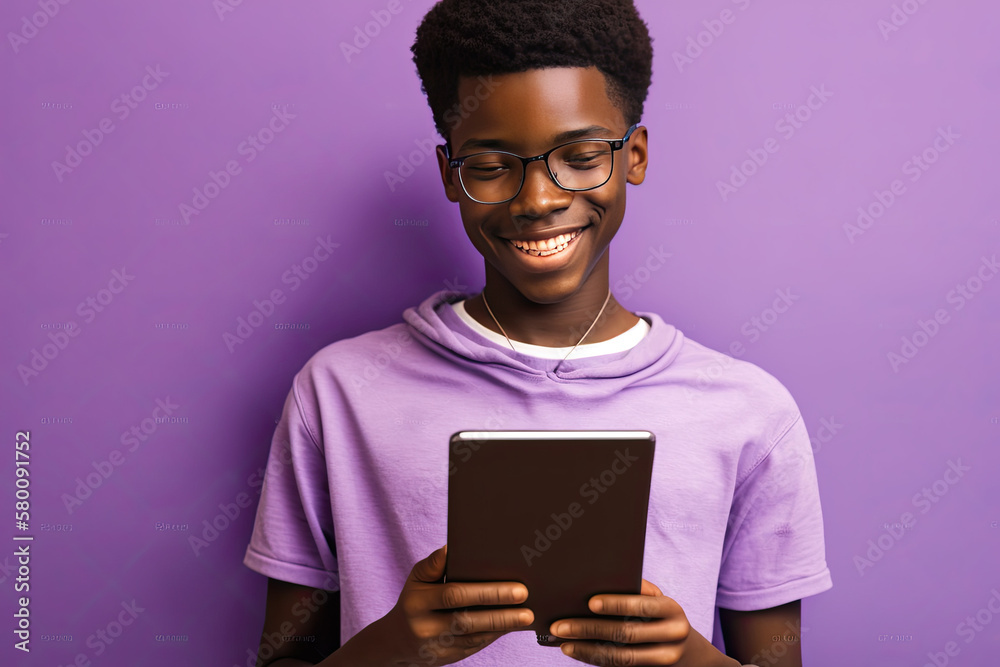 Happy African teen student boy wearing t-shirt looking at digital tablet Created Using Generative Ai Happy African teen student boy wearing t-shirt looking at digital tablet Created Using Generative Ai