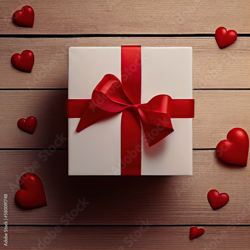 gift box with red bow on wood table, top view. 
Christmas or valentines day gift box on wooden table. Top view.box with red ribbon on wood background with space. Generative Ai photo