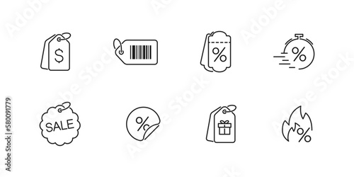 Sale tag, shopping price discount vector outline icon collection. Marketing coupon linear symbol set.